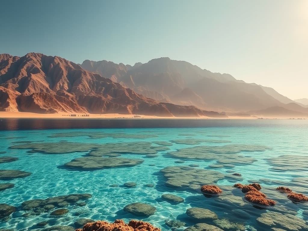 Récifs turquoise de la mer Rouge devant les montagnes du Sinaï
